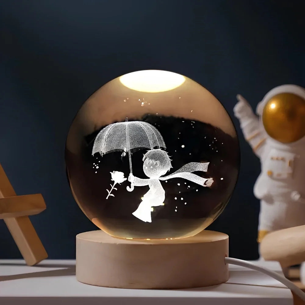 3D Engraved Crystal Ball Night Light – Wood & Glass LED Lamp