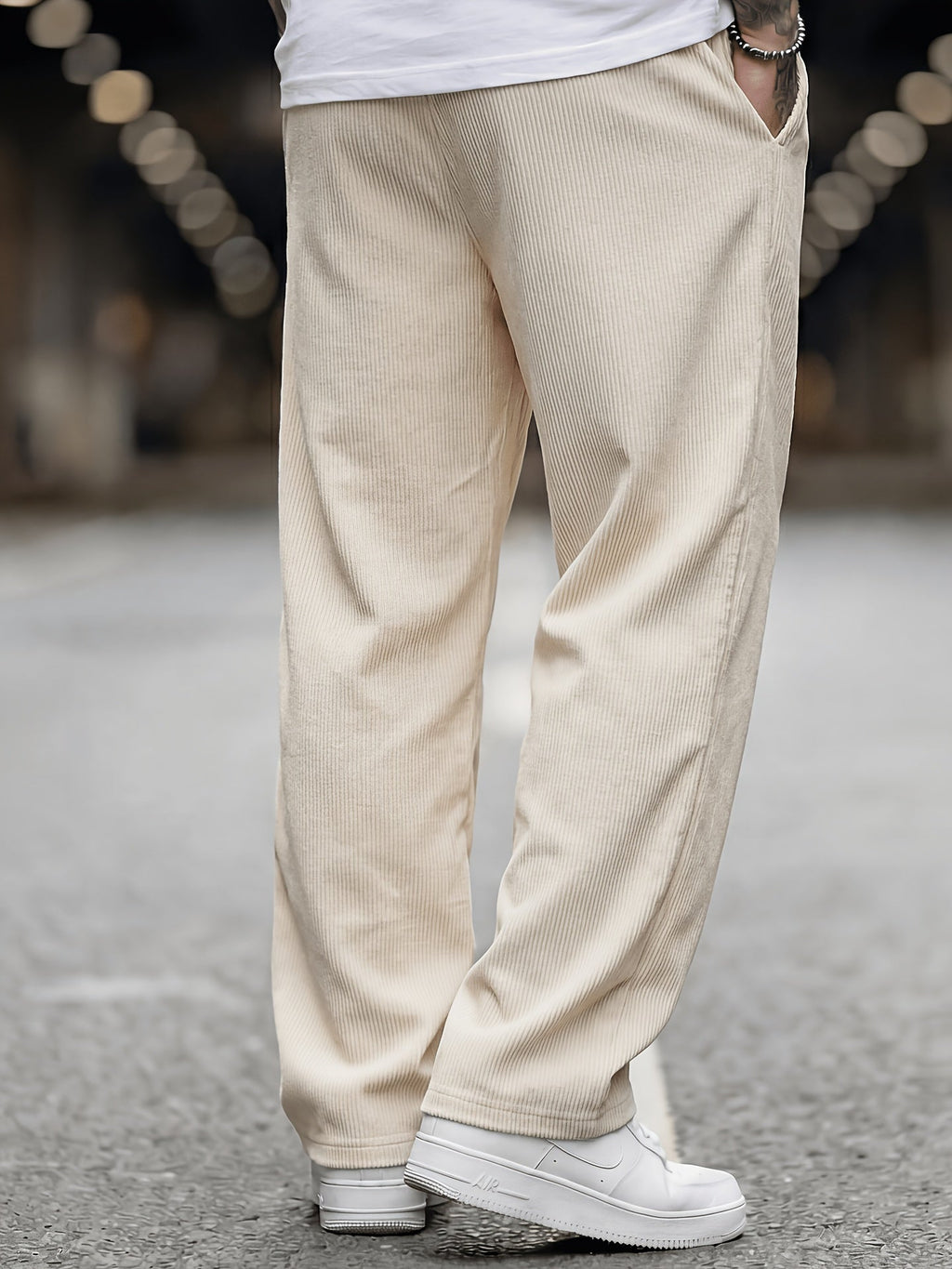 Men's Wide Leg Corduroy Trousers with Elastic Waist and Pockets