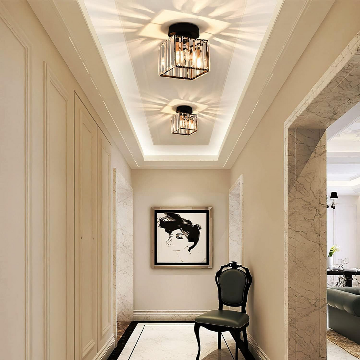 Flush Mount Ceiling Light with Crystal Shade for Hallway and Living Room