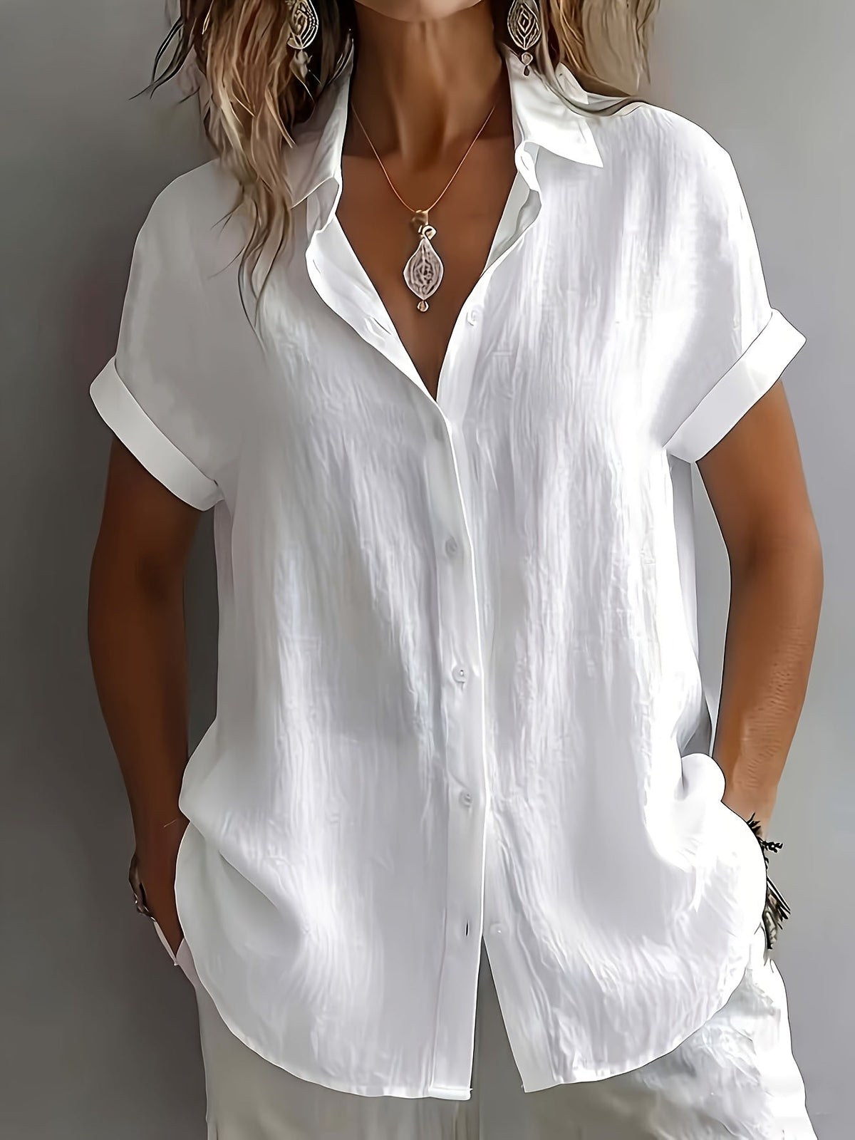 Women's Short-Sleeve Linen-Look Shirt with Button Placket