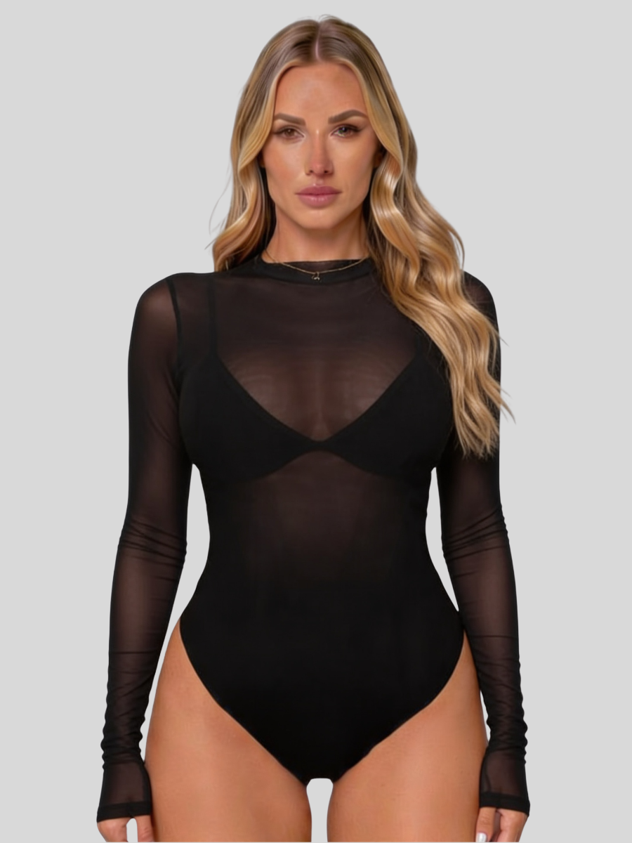 Women's Long Sleeve Mesh Bodysuit with High Neck, Sheer Nude Second-Skin Fit