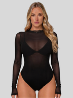Women's Long Sleeve Mesh Bodysuit with High Neck, Sheer Nude Second-Skin Fit