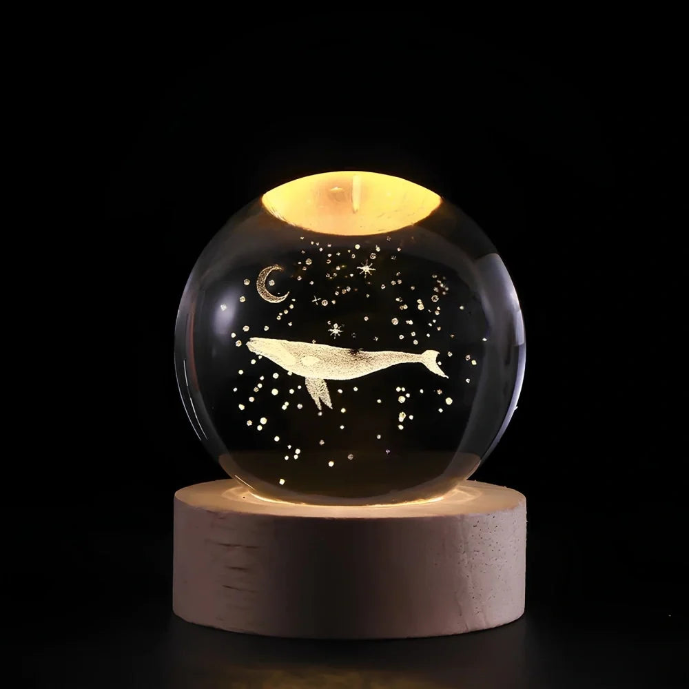 3D Engraved Crystal Ball Night Light – Wood & Glass LED Lamp