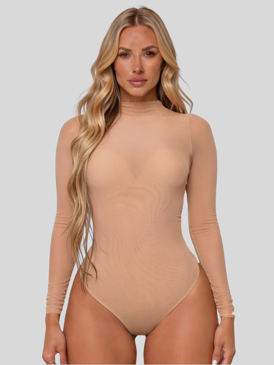 Women's Long Sleeve Mesh Bodysuit with High Neck, Sheer Nude Second-Skin Fit