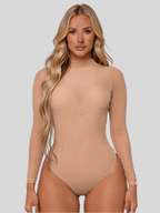Women's Long Sleeve Mesh Bodysuit with High Neck, Sheer Nude Second-Skin Fit
