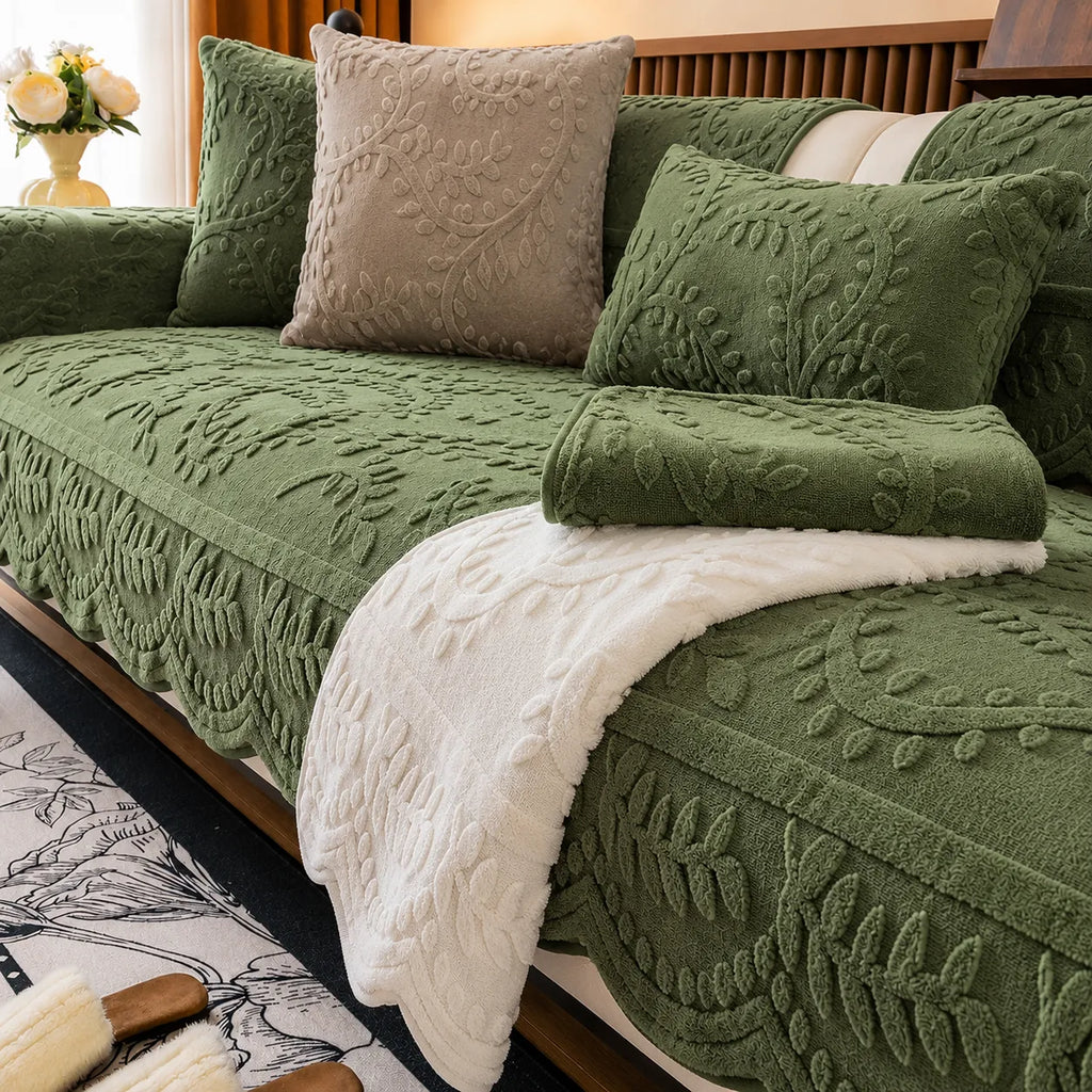 Plush Non-Slip Sofa Cover with Embossed Botanical Texture