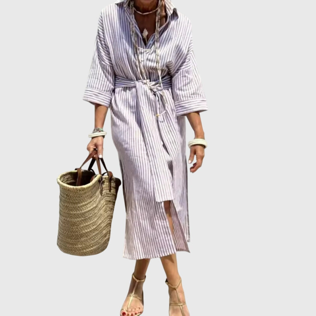 Women's Striped Midi Dress with Relaxed Fit and Side Pocket