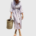 Women's Striped Midi Dress with Relaxed Fit and Side Pocket