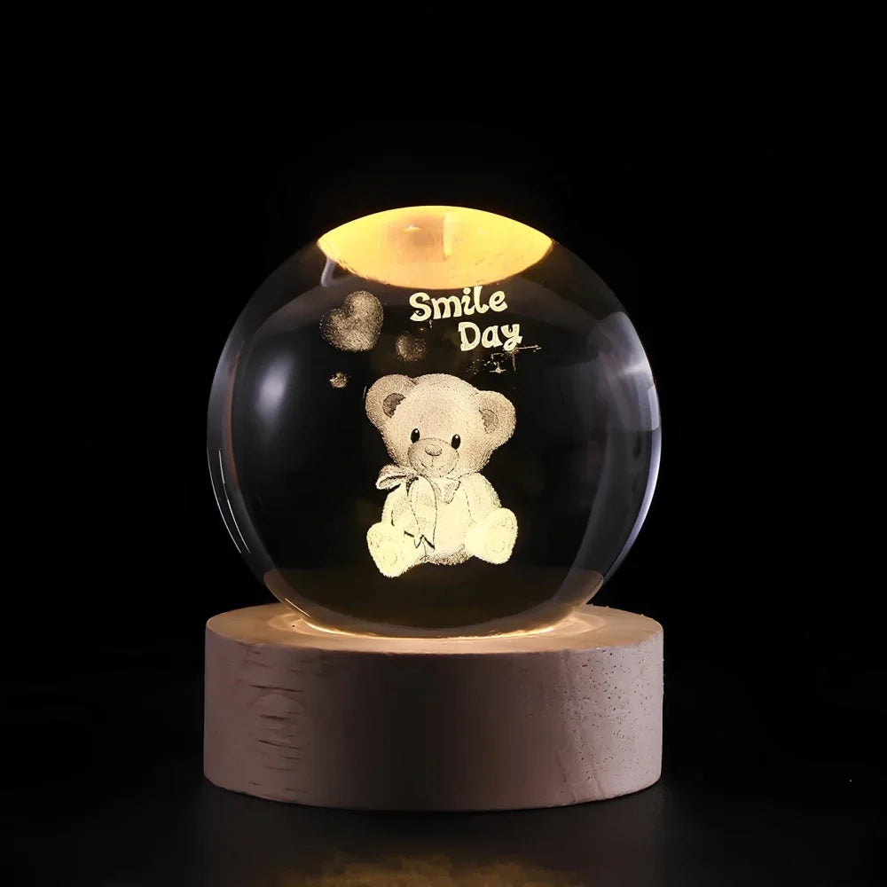 3D Engraved Crystal Ball Night Light – Wood & Glass LED Lamp