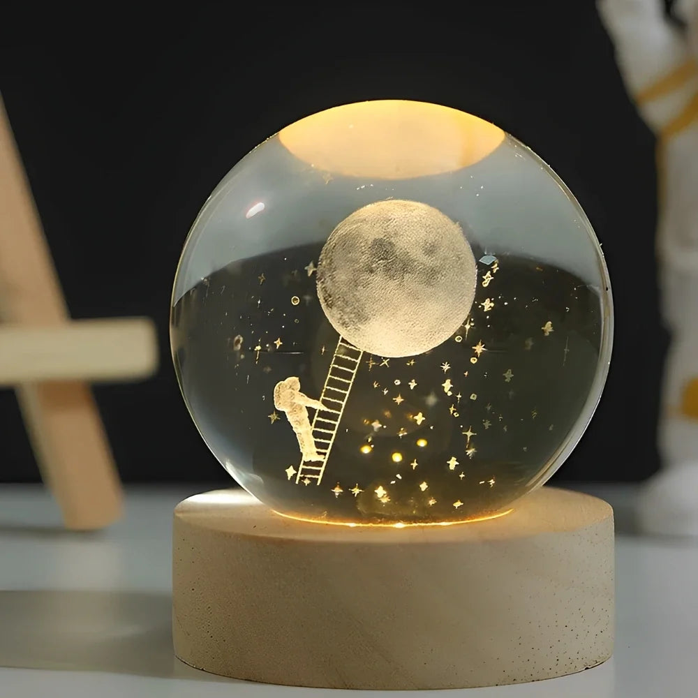 3D Engraved Crystal Ball Night Light – Wood & Glass LED Lamp