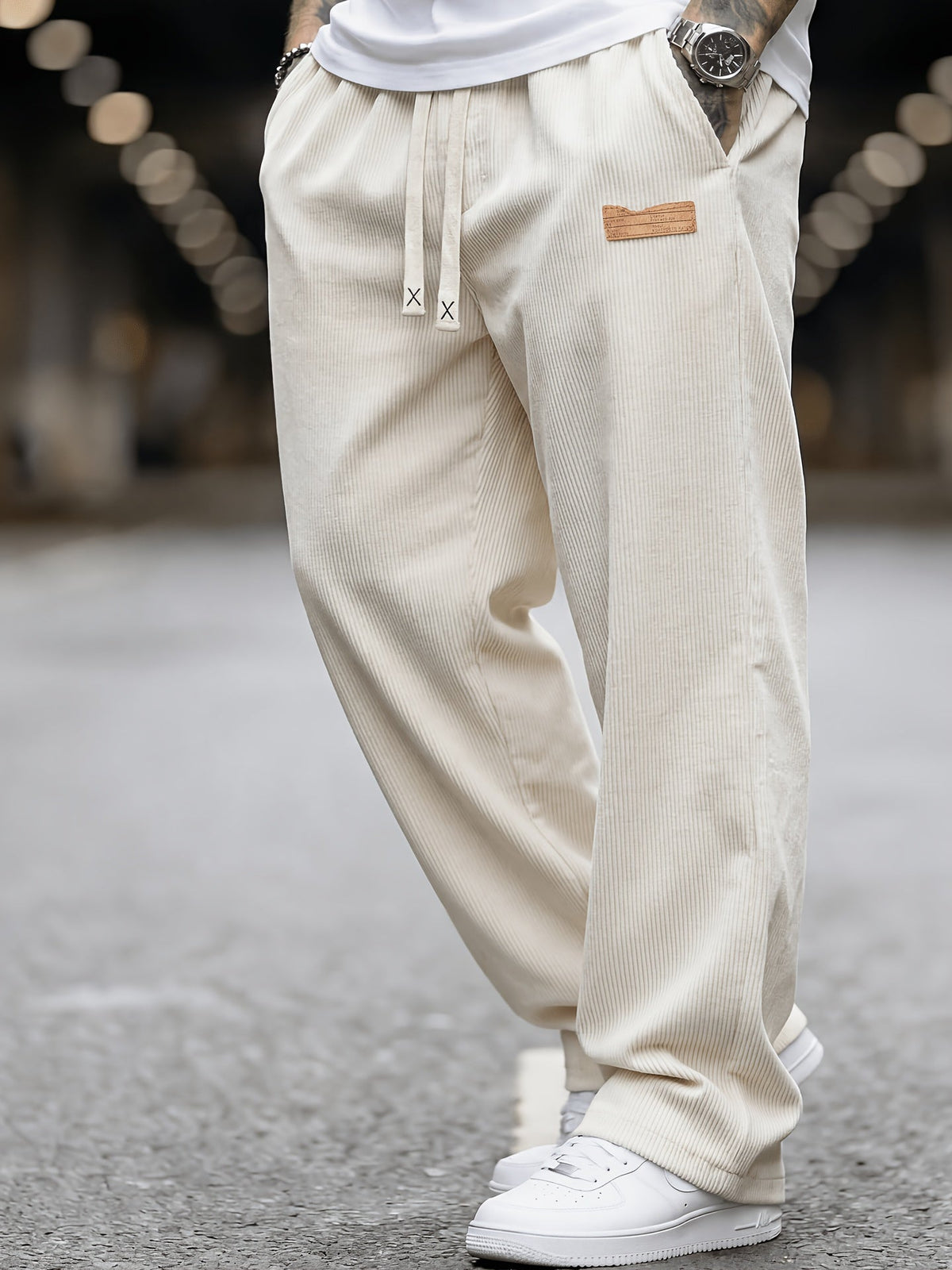 Men's Wide Leg Corduroy Trousers with Elastic Waist and Pockets