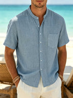 Men's Linen Shirt with Stand Collar, Short Sleeves and Chest Pocket