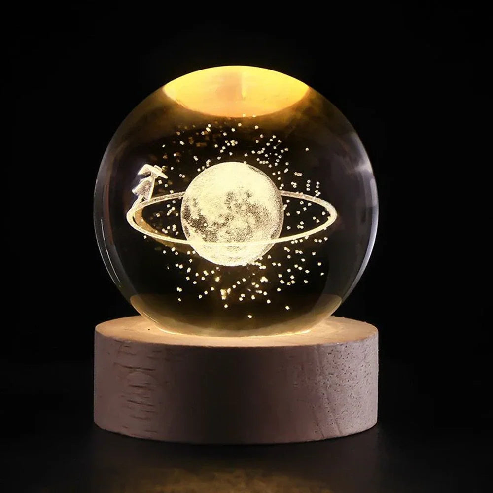 3D Engraved Crystal Ball Night Light – Wood & Glass LED Lamp