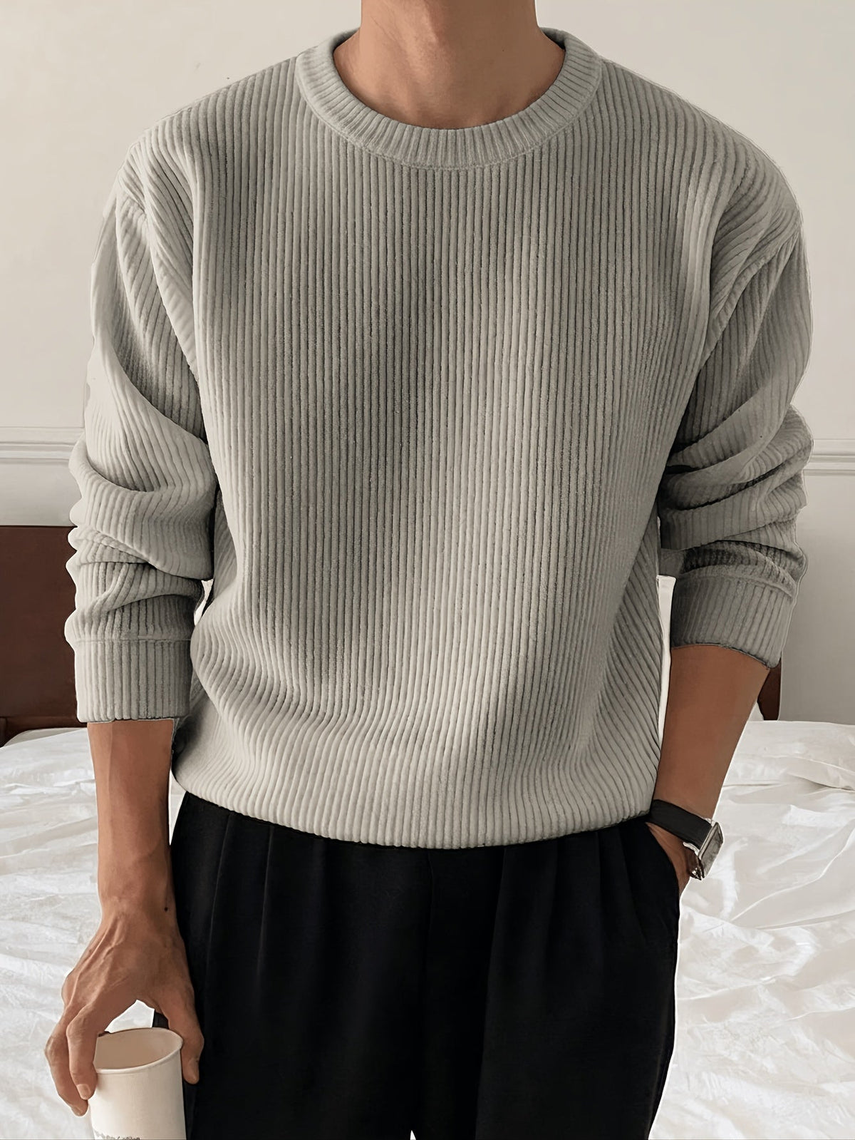 Men's Ribbed Crew-Neck Sweater - Loose Fit Knit Pullover