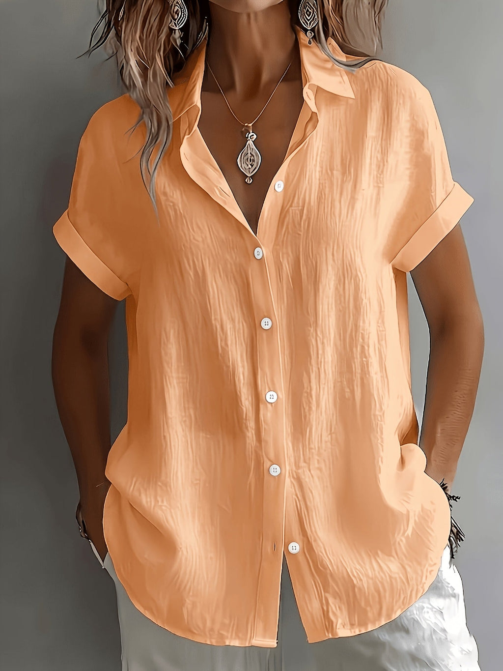 Women's Short-Sleeve Linen-Look Shirt with Button Placket