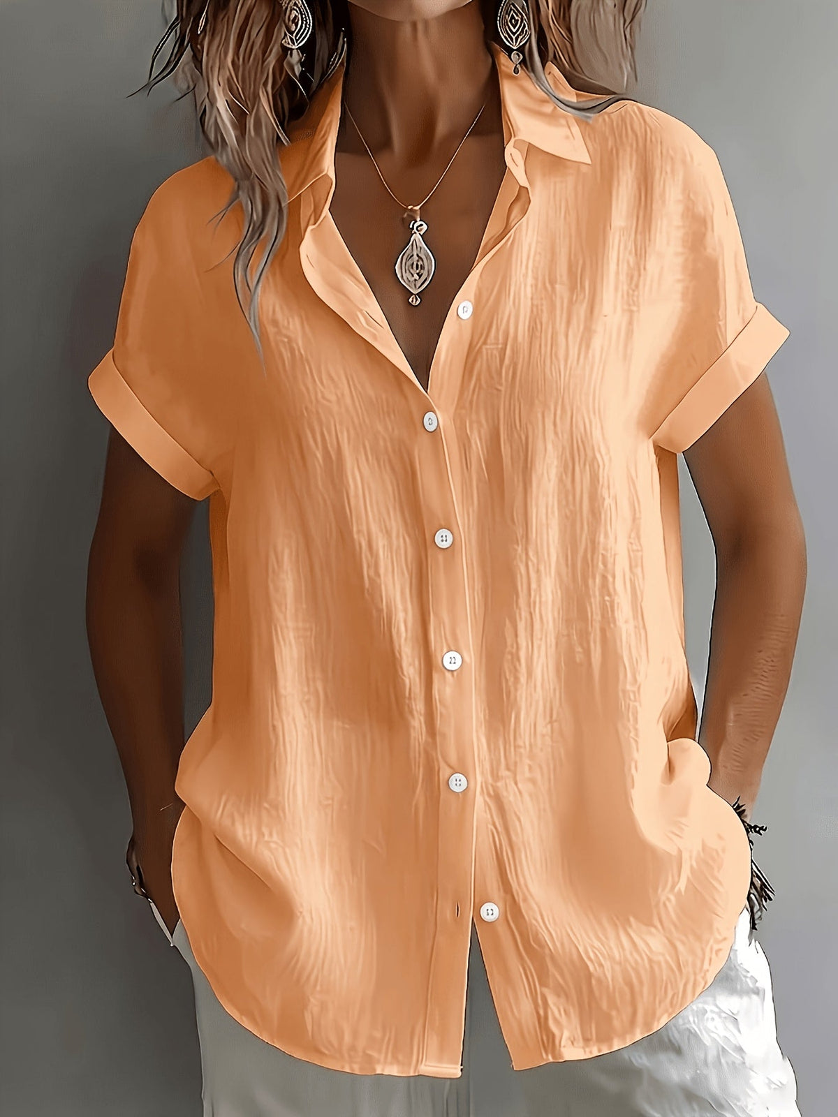 Women's Short-Sleeve Linen-Look Shirt with Button Placket