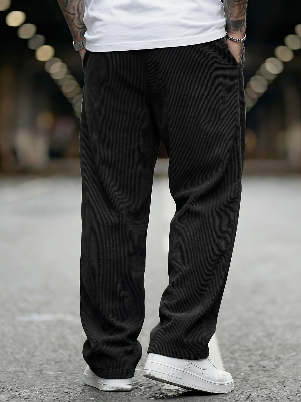 Men's Wide Leg Corduroy Trousers with Elastic Waist and Pockets