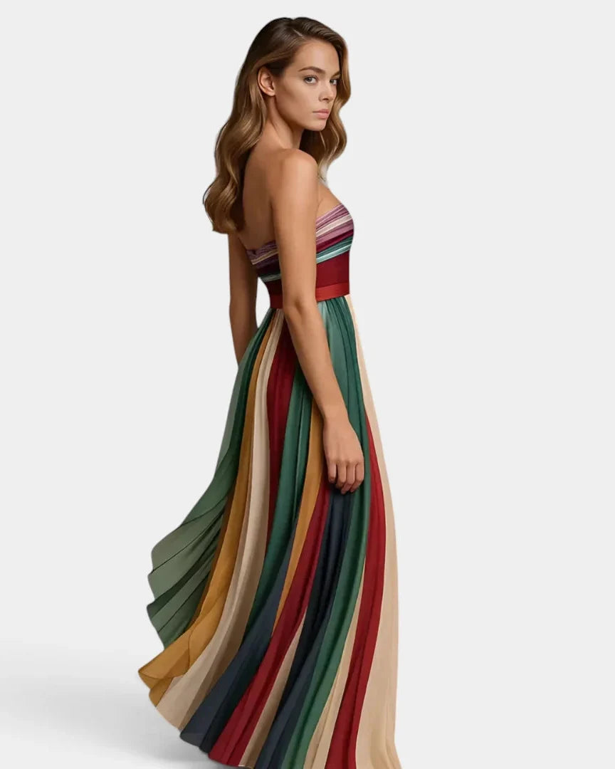 Women's Strapless Maxi Dress Pleated Multicolor Evening Gown