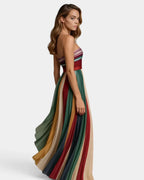Women's Strapless Maxi Dress Pleated Multicolor Evening Gown
