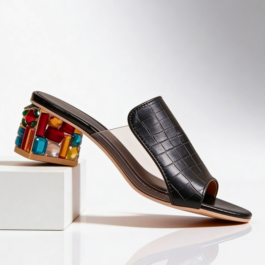 Women's Rhinestone Block Heel Slides - Jeweled Peep-Toe Sandals