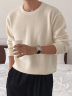 Men's Ribbed Crew-Neck Sweater - Loose Fit Knit Pullover