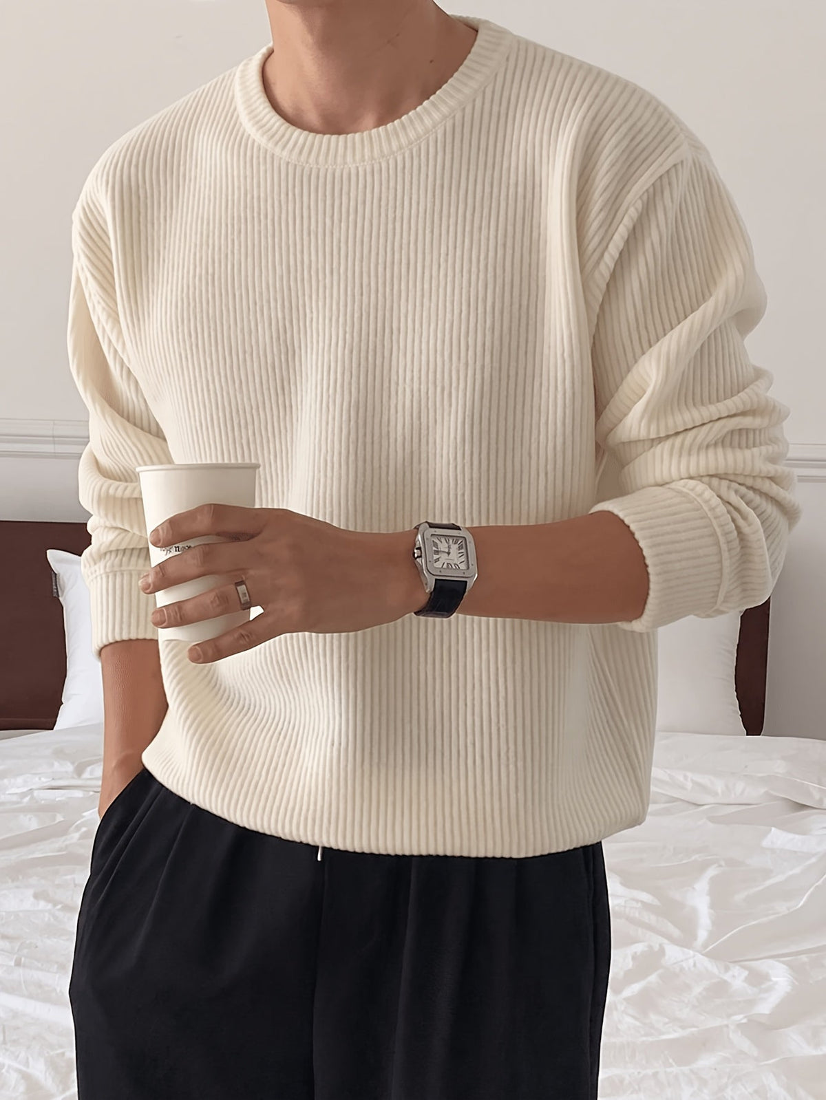 Men's Ribbed Crew-Neck Sweater - Loose Fit Knit Pullover