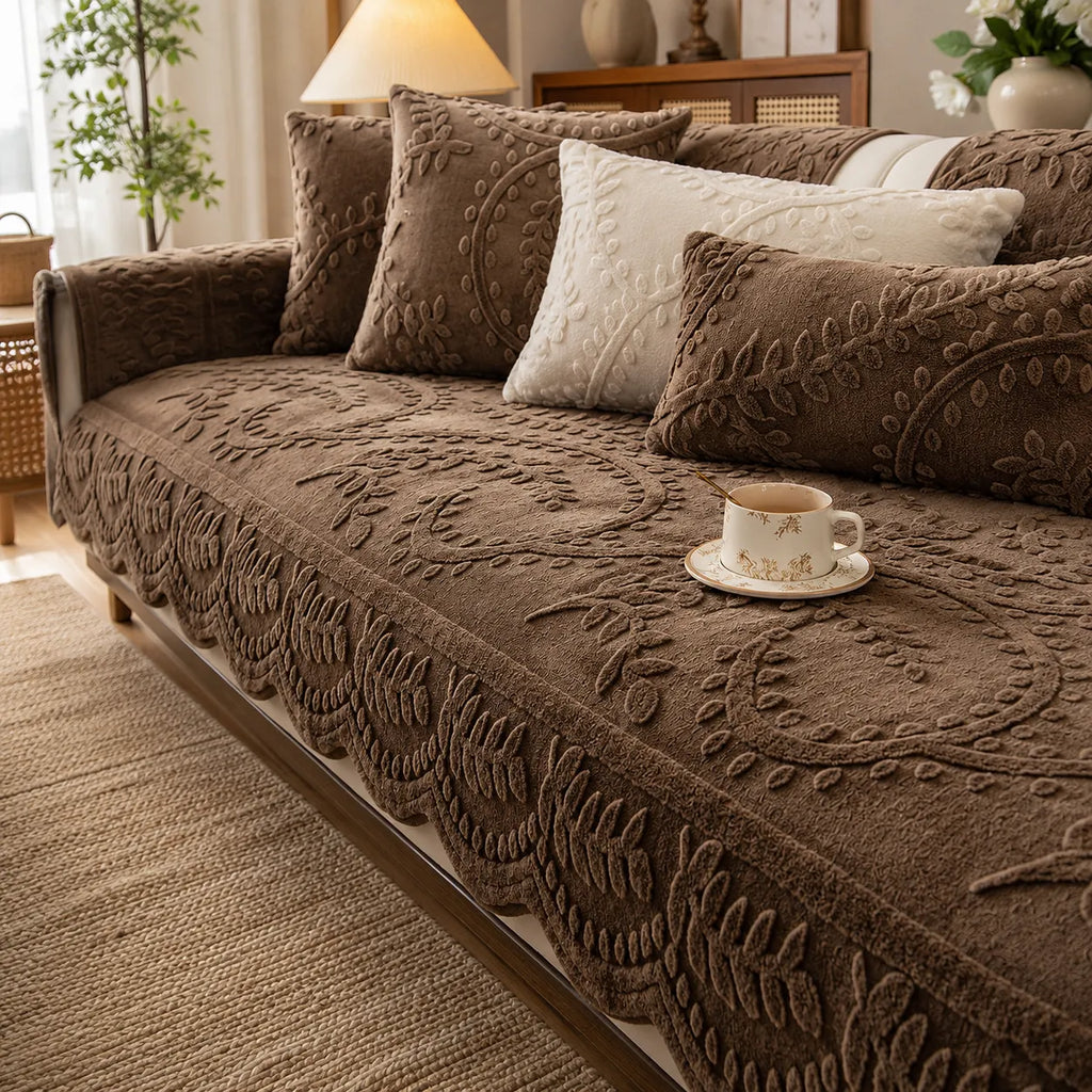 Plush Non-Slip Sofa Cover with Embossed Botanical Texture