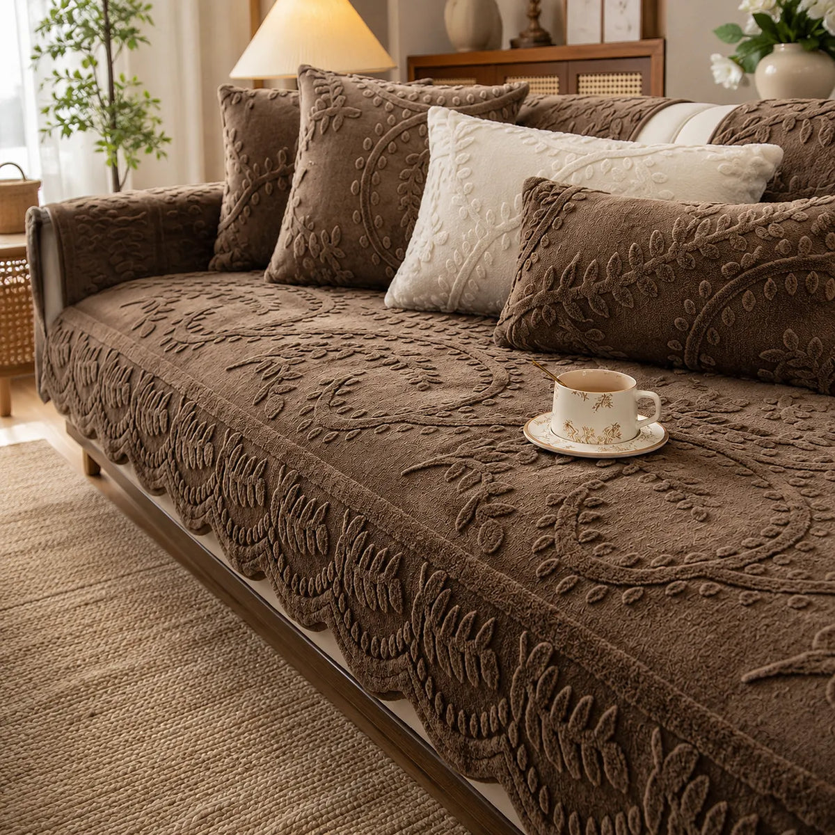 Plush Non-Slip Sofa Cover with Embossed Botanical Texture