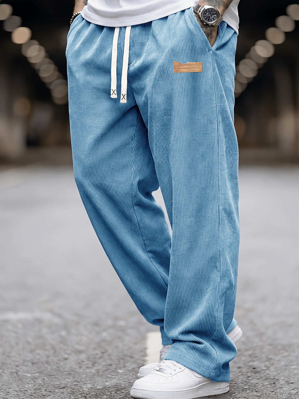 Men's Wide Leg Corduroy Trousers with Elastic Waist and Pockets