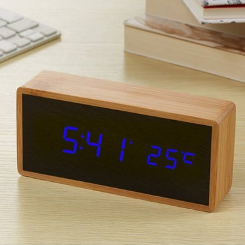 Wooden Digital Alarm Clock with Temperature Display, LED