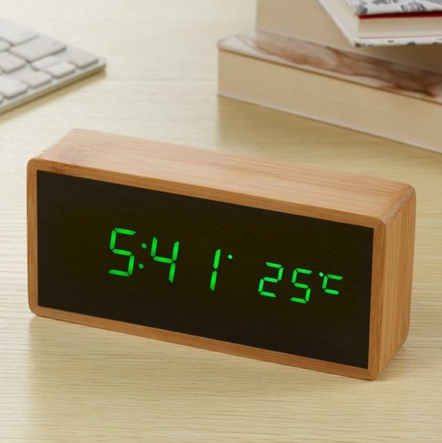 Wooden Digital Alarm Clock with Temperature Display, LED