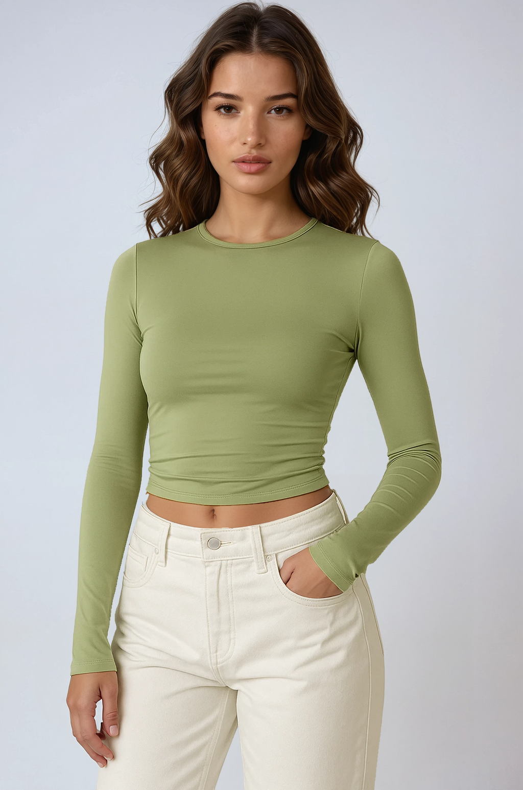 Women's Long Sleeve Crop Top – Ruched Stretch Fit with Thumbholes