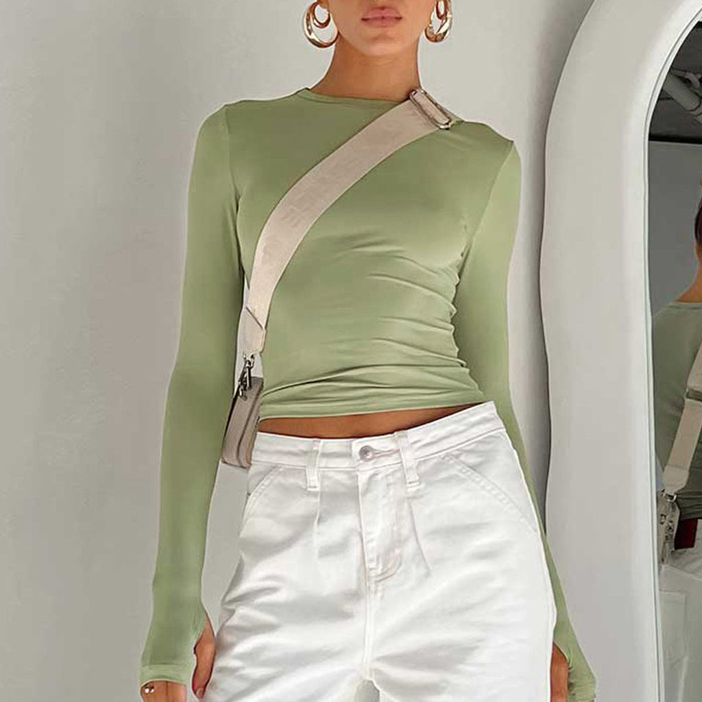 Women's Long Sleeve Crop Top – Ruched Stretch Fit with Thumbholes
