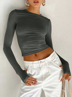 Women's Long Sleeve Crop Top – Ruched Stretch Fit with Thumbholes