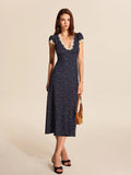 Women's Polka Dot Midi Dress with Lace-Trimmed V-Neck and Cap Sleeves