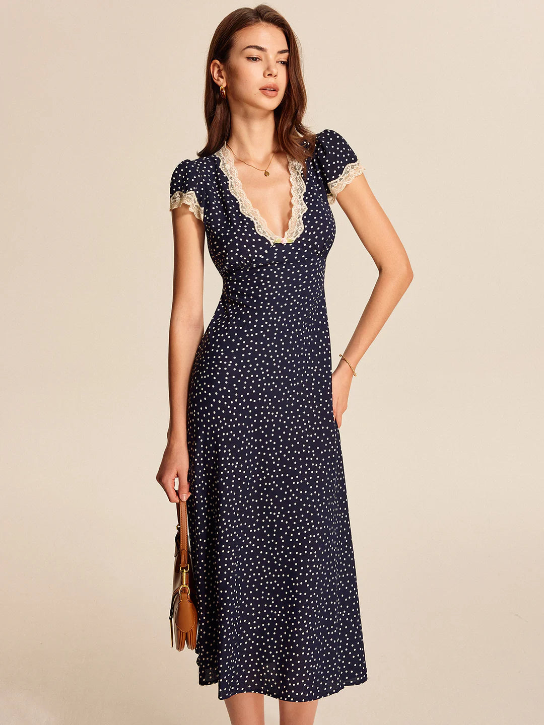 Women's Polka Dot Midi Dress with Lace-Trimmed V-Neck and Cap Sleeves