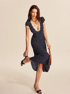 Women's Polka Dot Midi Dress with Lace-Trimmed V-Neck and Cap Sleeves