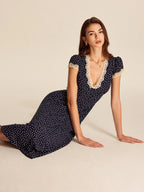 Women's Polka Dot Midi Dress with Lace-Trimmed V-Neck and Cap Sleeves