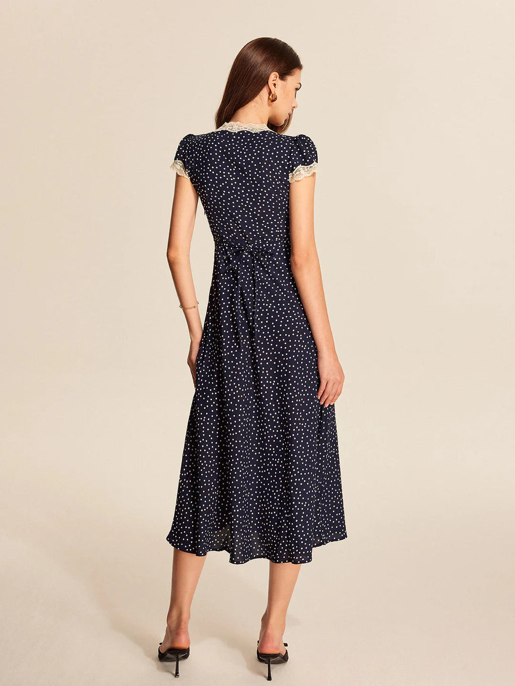 Women's Polka Dot Midi Dress with Lace-Trimmed V-Neck and Cap Sleeves