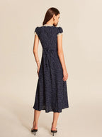 Women's Polka Dot Midi Dress with Lace-Trimmed V-Neck and Cap Sleeves