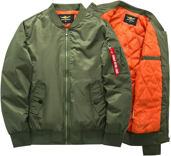 Men's Quilted Bomber Jacket with Zip Closure and Pockets