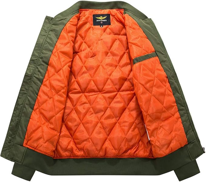 Men's Quilted Bomber Jacket with Zip Closure and Pockets