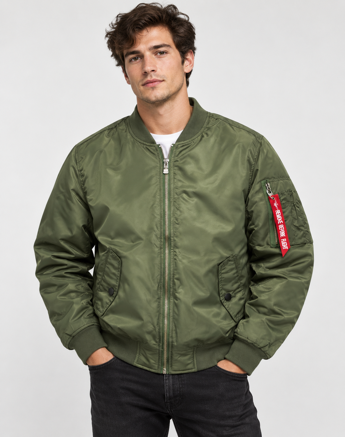 Men's Quilted Bomber Jacket with Zip Closure and Pockets