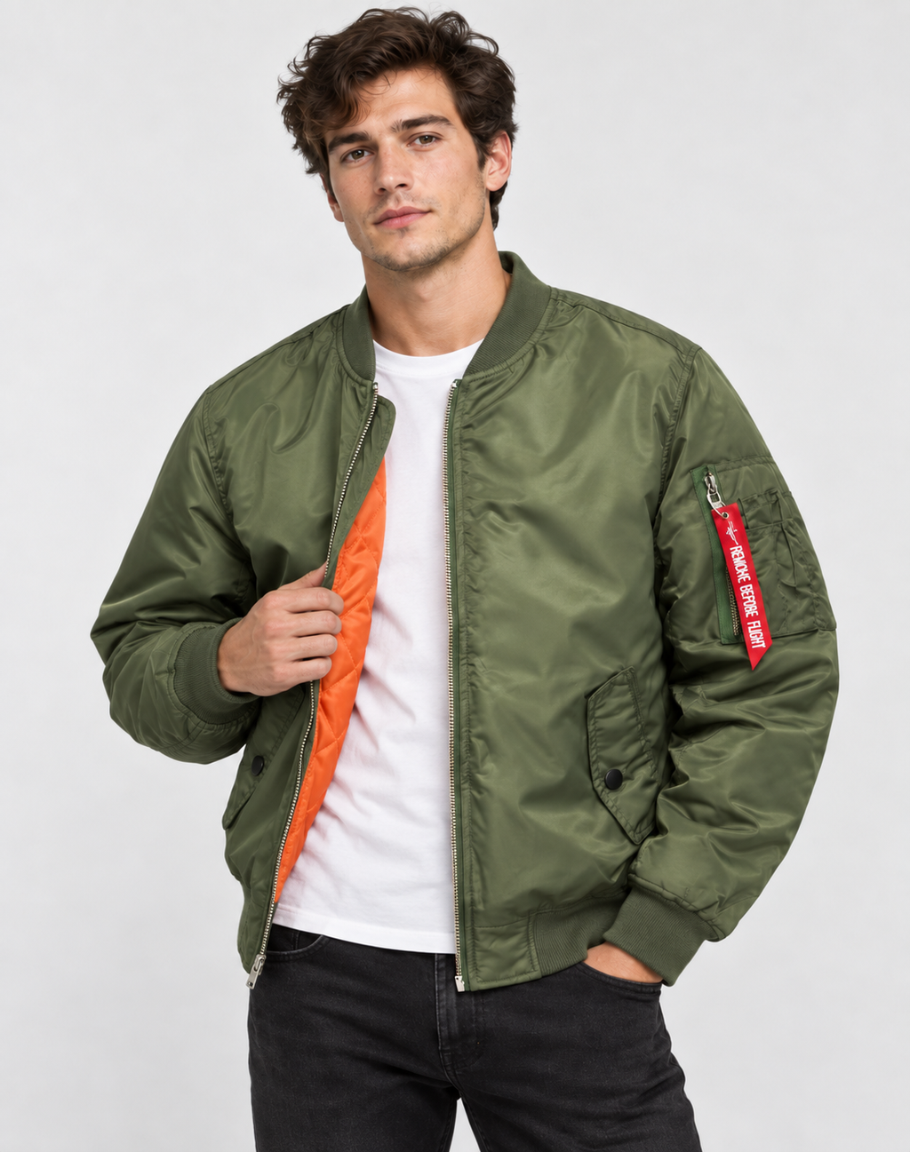 Men's Quilted Bomber Jacket with Zip Closure and Pockets