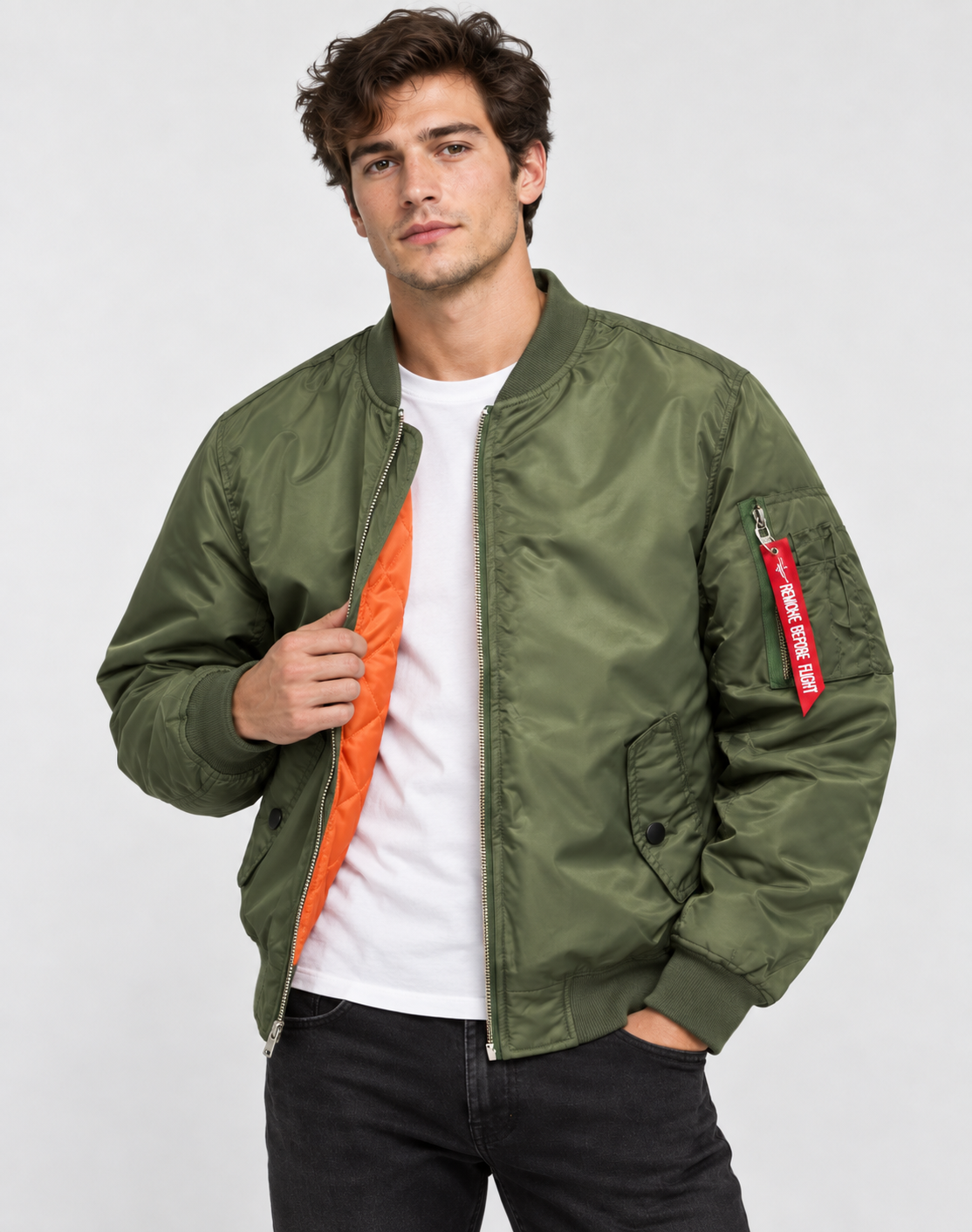 Men's Quilted Bomber Jacket with Zip Closure and Pockets