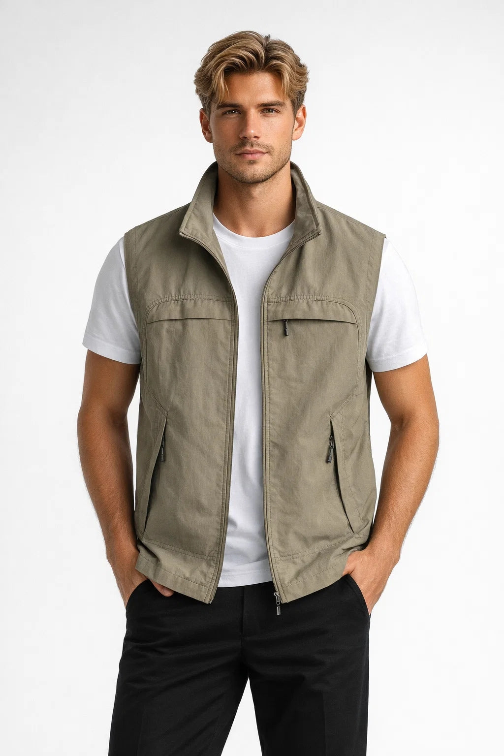 Men's Lightweight Gilet with Stand Collar - Casual Zip-Pocket Bodywarmer