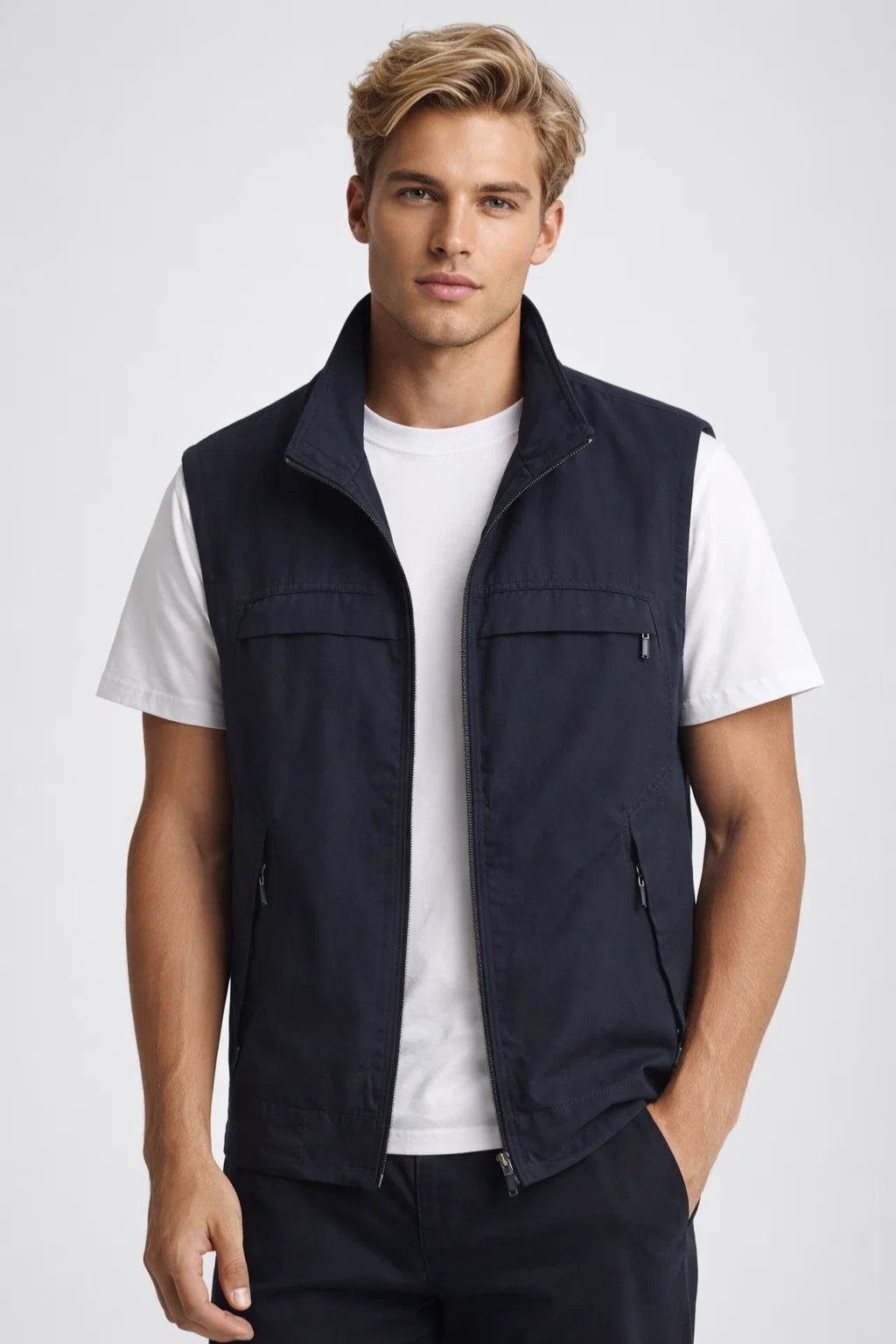 Men's Lightweight Gilet with Stand Collar - Casual Zip-Pocket Bodywarmer