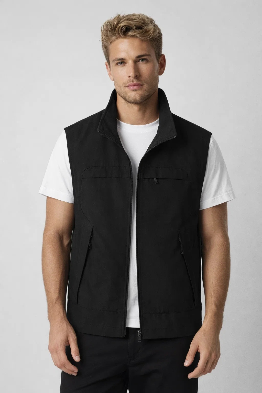 Men's Lightweight Gilet with Stand Collar - Casual Zip-Pocket Bodywarmer