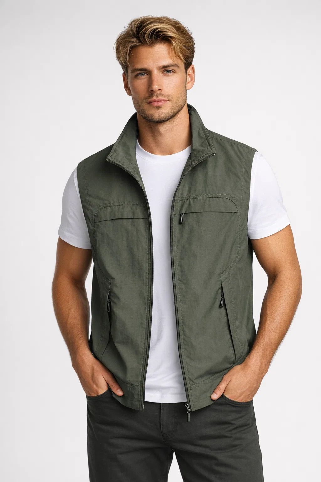 Men's Lightweight Gilet with Stand Collar - Casual Zip-Pocket Bodywarmer
