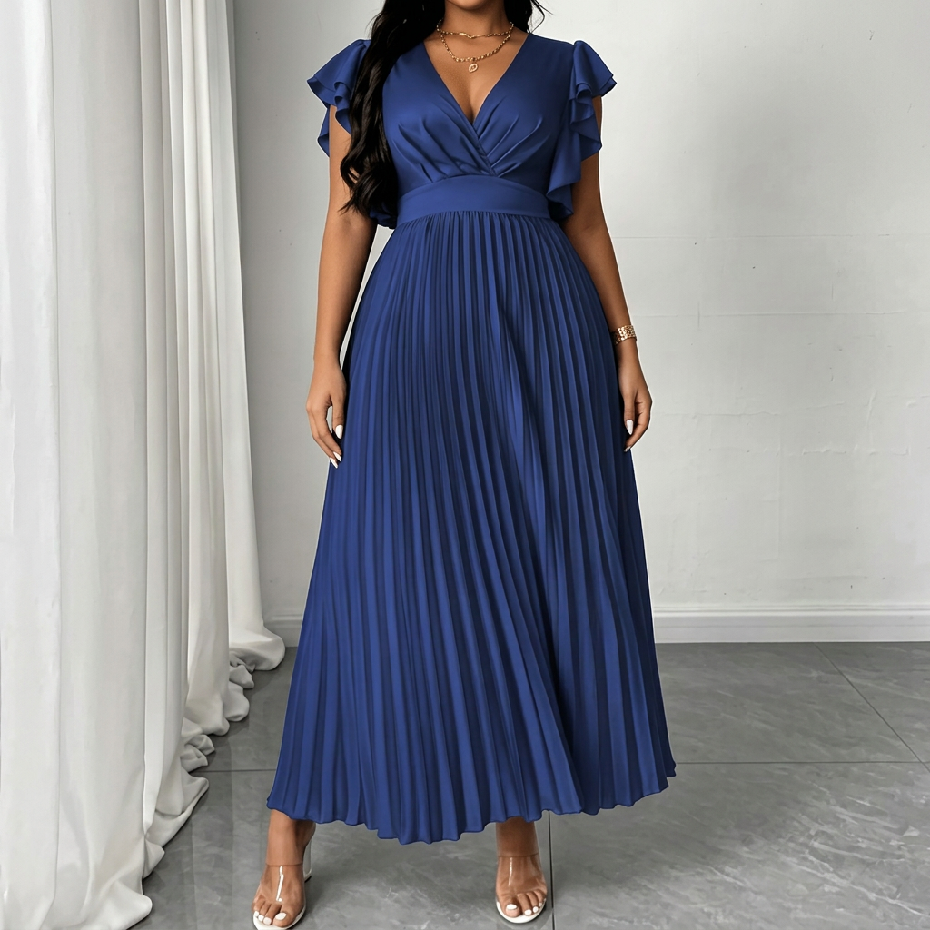 Women's Wrap Maxi Dress with Pleated Skirt and Ruffle Sleeves